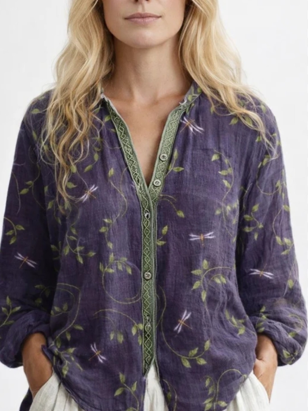 Purple Dragonfly Print Button-Front  Blouse XL #342